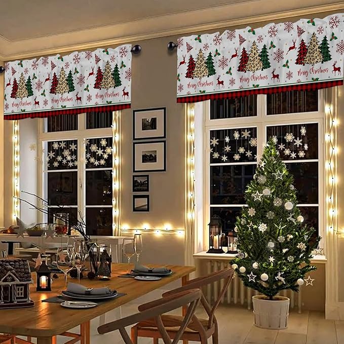 Merry Christmas Valance Kitchen Curtains for Windows,Farm Christmas Tree Buffalo Plaid Leopard Rod Pocket Window Treatments Holiday Decor Short Curtains For Bedroom/ Living Room,54" X 18" -1 Panel