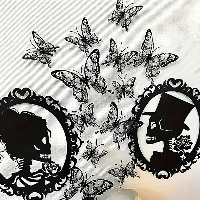 Halloween Wall Stickers 12Pcs Butterfly Wall Decor with Skull Design Halloween Wall Decals 3D Butterflys Wall Decorations Reusable Window Stickers for Halloween Party Home Room Art DIY Accessories