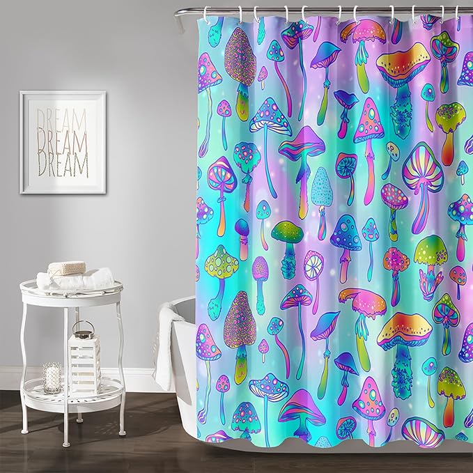 AILONEN Mushroom Shower Curtain for Bathroom,Blue Purple Mushroom Bath Curtain,Cute Cartoon Magic Fungus Decor Bathroom Curtain with 12 Plastic Hooks, 72" W x 72" H