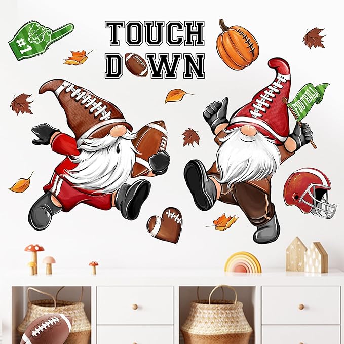 Mfault Fall Football Gnome Wall Decals Stickers, Autumn Sport Game Touch Down Decorations Bedroom Art, Rugby Pumpkin Helmet Home Kitchen Living Room Decor