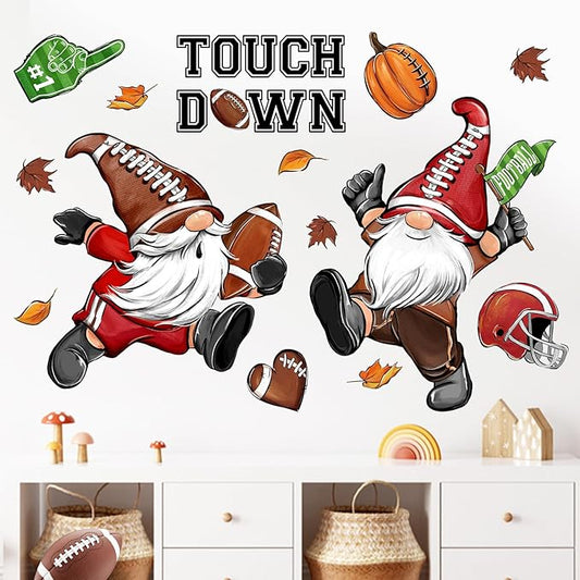 Mfault Fall Football Gnome Wall Decals Stickers, Autumn Sport Game Touch Down Decorations Bedroom Art, Rugby Pumpkin Helmet Home Kitchen Living Room Decor