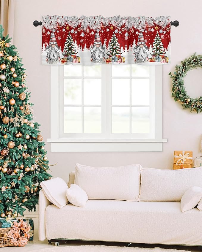 Christmas Gnome Valance Curtains for Kitchen Windows Winter Merry Christmas Tree Balls Rod Pocket Window Treatment Toppers for Kitchen/Living Room/Bedroom/Bathroom, 60" X 18", Red