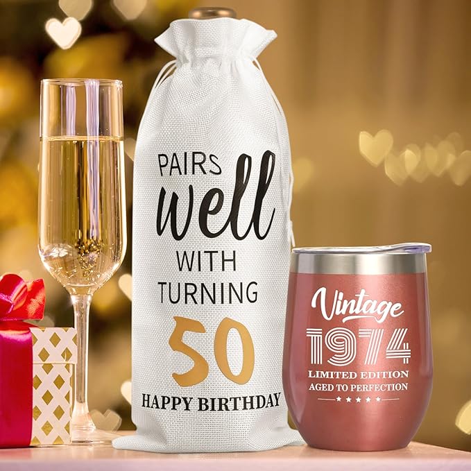 Lifecapido 50th Birthday Gifts for Women, Vintage 1974 Limited Edition Insulated Wine Tumbler with Wine Bag, 50 Year Old 50th Birthday Presents Christmas Gifts for Mom Grandma Wine Lover, 12 oz