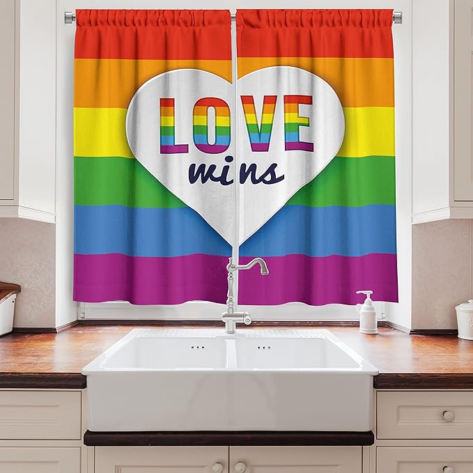 Ambesonne Pride Kitchen Curtains, Rainbow Flag with Stripes Heart with Love Wins Text LGBT Culture Colorful, Window Drapes 2 Panel Set for Kitchen Cafe Decor, 55" x 39", Purple Blue