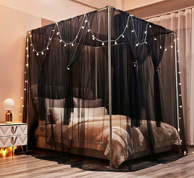 Mengersi Bed Canopy Canopy Bed Curtains with Lights- 4 Corners Post Royal Bed Drapes Mosquito Net- Elegant Bedroom Decoration Accessories for Adults(Queen,Black)