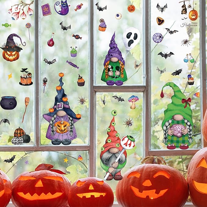 Halloween Window Clings Stickers Decoration Cartoon Dwarf Midget Horror Design Halloween Window Cling Decal Double Sided Static Removable Halloween Glass Window Stickers Supplies 9 Sheets