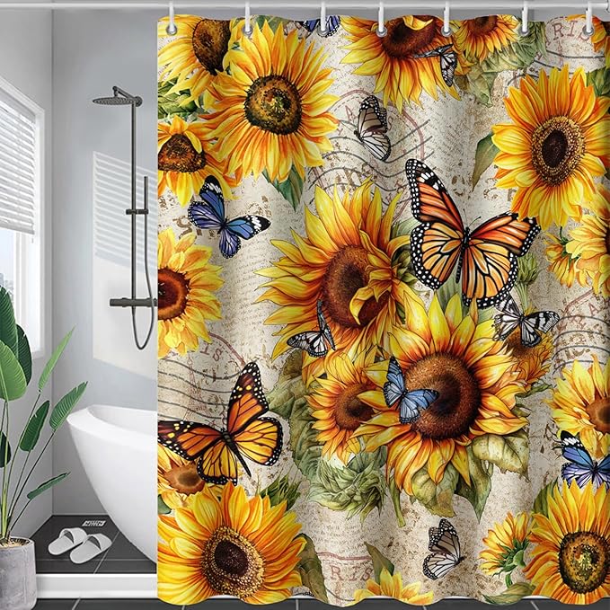 AILONEN Girls Sunflower Shower Curtain,Butterfly Sunflower Bath Curtain for Kids Women,Vintage Yellow Flower Decor Bathroom Curtain with 12 Plastic Hooks, 48" W x 72" H