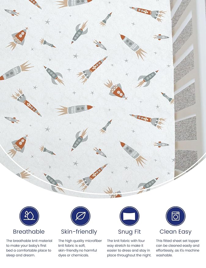 TotAha Premium Stretchy Space Crib Sheets (2-Pack)-Hypoallergenic, Silky Comfort, Buttery Soft, Calming Effect, All-Season Jersey-Knit Sheets, 9'' Extra Deep Pocket