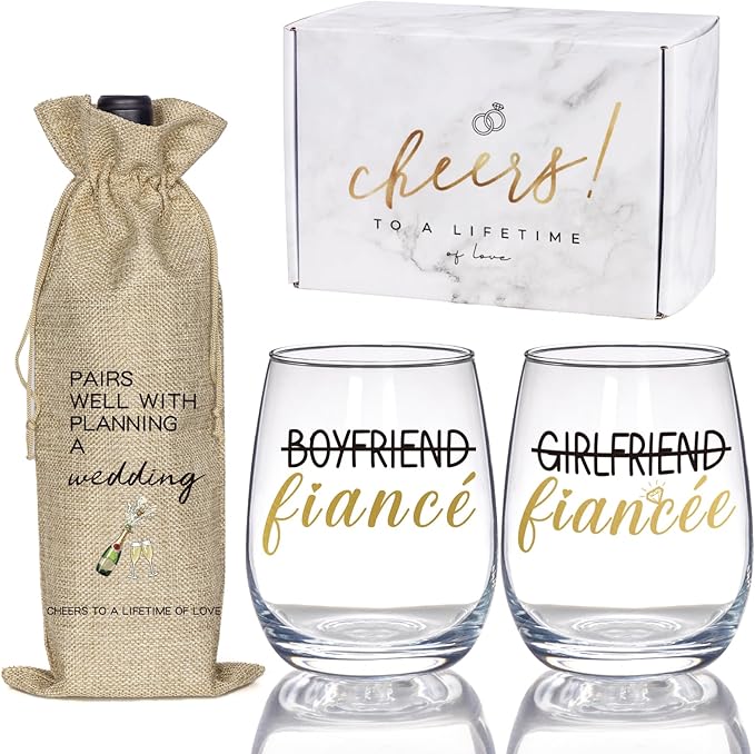 Engagement Gifts for Couples, Boyfriend and Girlfriend Wine Glass and Wine Bag Gift Set, Fiance Fiancee Gift for Him and Her, Bride and Groom Wedding Gifts, Bridal Shower, Engaged Gift for Newlywed