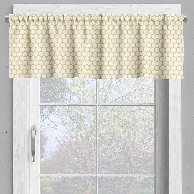 Ambesonne Yellow and White Valance & Tier Curtain 3 pcs Set, Hexagonal Pattern Honeycomb Beehive Simplistic Geometrical Monochrome, Window Treatments for Kitchen Room Decor, 55" x 36", White Yellow
