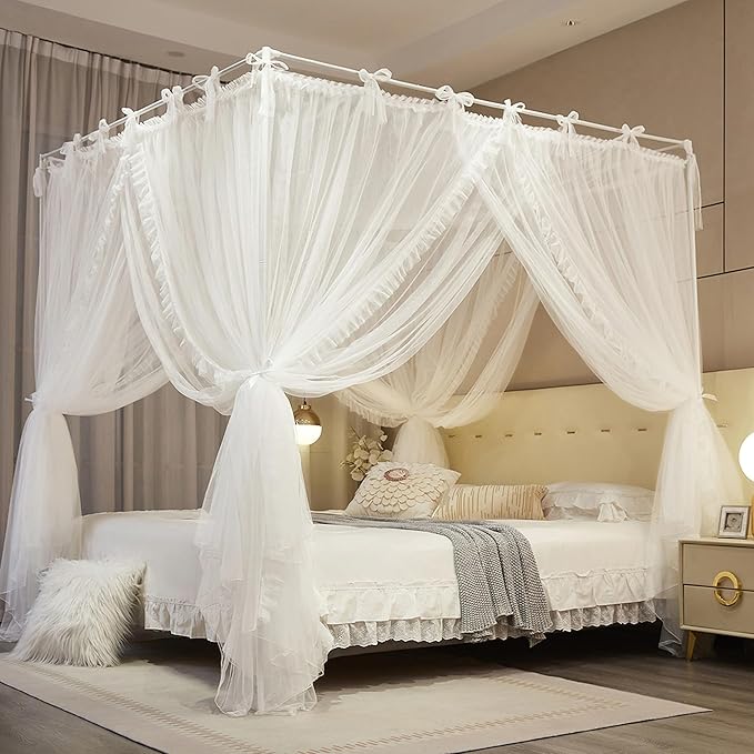 4 Corners Post Princess Curtain Bed Canopy Lace Up Double Layer 4 Opening Mosquito Net Mesh for Girls Bedroom Decoration(White, 64" W*82" L*82" H/Queen)