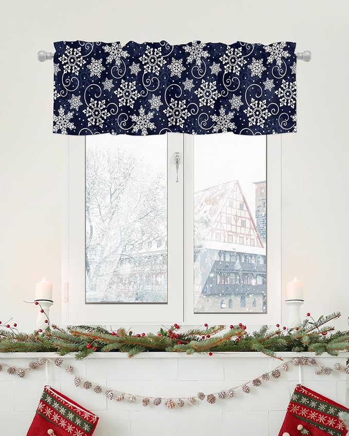 Christmas Valance Curtains for Kitchen Windows White Navy Snowflakes Pattern Rod Pocket Window Treatment Toppers for Kitchen/Living Room/Bedroom/Bathroom, 42" X 18", Winter