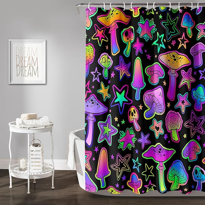 AILONEN Cute Mushroom Window Curtain for Kids,Star Purple Mushroom Curtain for Bathroom Decor,Gradient Mushroom Polyester Waterproof with 12 Plastic Hooks 60" W*72" H