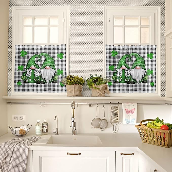 St. Patrick's Day Kitchen Curtains and Valances Set, Buffalo Plaid Shamrock Gnome Window Tiers Spring Holiday Farmhouse Decor Half/Short Curtains for Small Windows Cafe /Living Room/ Bedroom 54x24