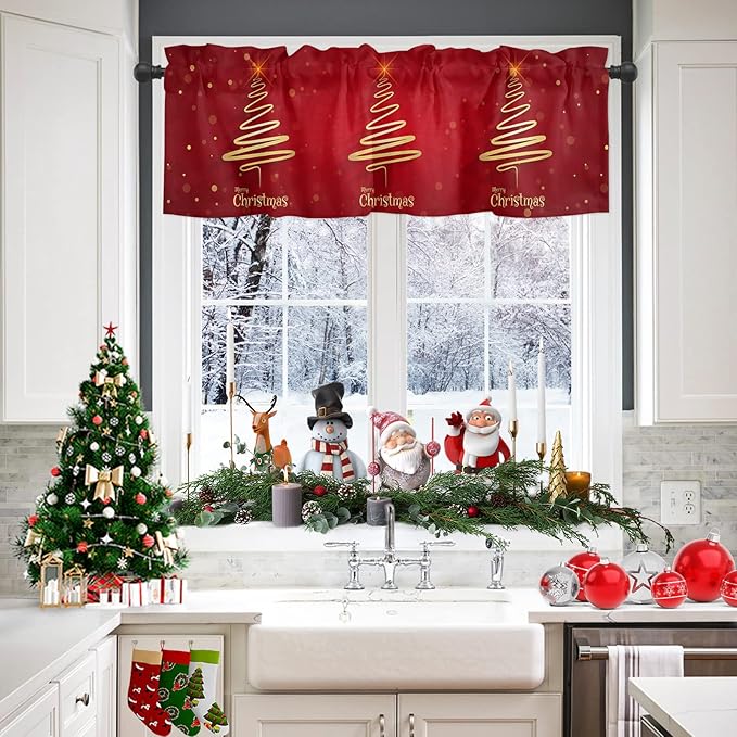 Christmas Tree Kitchen Curtains and Valances Set,Merry Xmas Red Window Treatments Tiers Winter Holiday Decor Semi Sheer Half/Short Curtains for Small Windows Cafe/Living Room/Bedroom 54x 36 in,3-Piece
