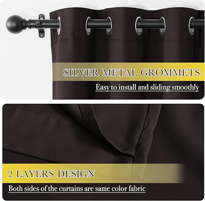 NICETOWN 100% Blackout Window Curtain Panels, Full Light Blocking Drapes with Same Color Liner for Nursery, 72 inches Drop Thermal Bedroom Drapes Curtains (Brown, 2 Pieces, 52 inches Wide Per Panel)