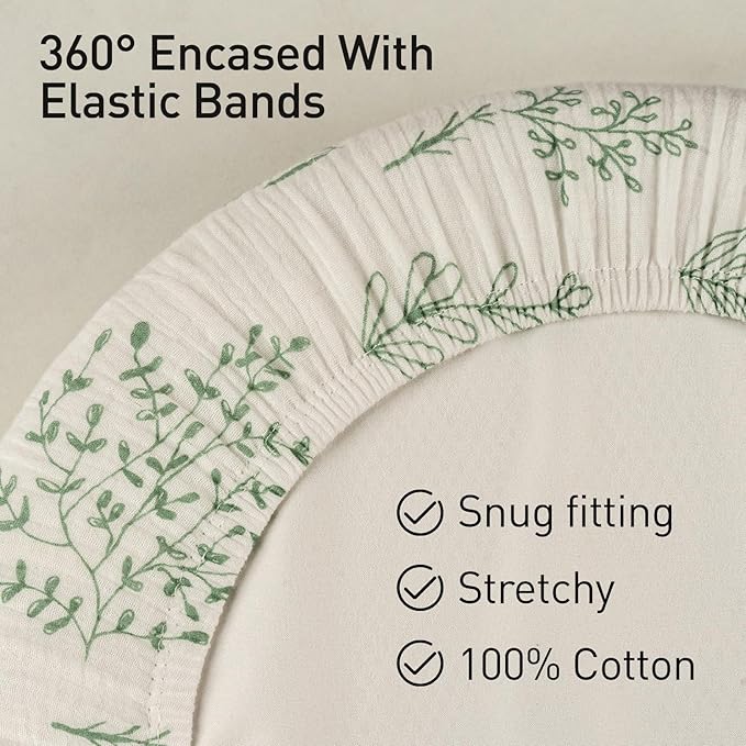 Muslin Bassinet Sheets 2 Pack for Baby Boy and Girl, Breathable Elastic Cozy Fitted Cotton Bassinet Mattress Sheet, Universal Fit for Hourglass Oval and Rectangle Bassinet Mattress (Natural Leaves)