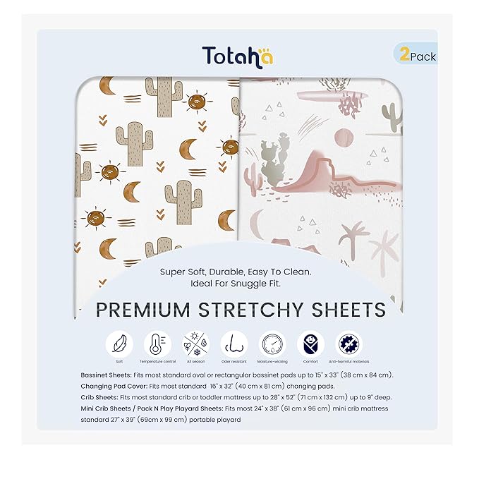 TotAha Cactus Pack N Play Sheets, Premium Stretch Fitted Portable Mini Cribs Playards Sheets, Ultra Soft Breathable Jersey Knit Mini Crib Sheet, 2 Pack