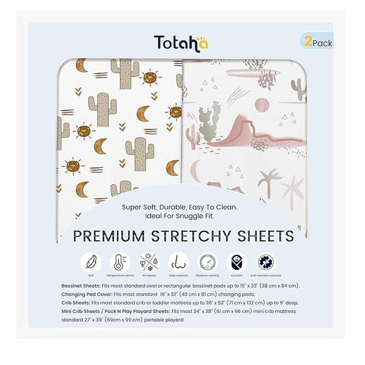 TotAha Cactus Crib Sheets (2-Pack) - Hypoallergenic, Silky Comfort, Buttery Soft, Calming Effect, All-Season Jersey-Knit Sheets, 9'' Extra Deep Pocket Baby Western Crib Sheet
