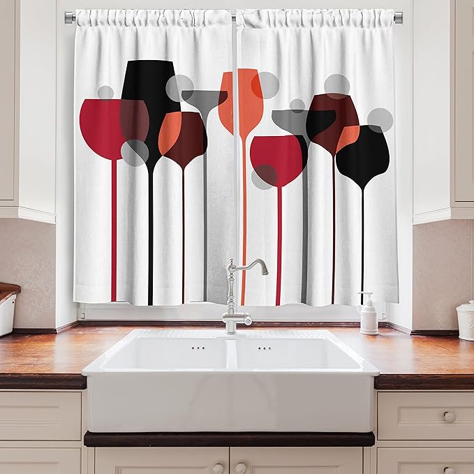 Ambesonne Wine Kitchen Curtains, Abstract Wine Glasses Silhouettes with Dots Alcohol Drink Modern, Window Drapes 2 Panel Set for Kitchen Cafe Decor, 55" x 39", Black Grey