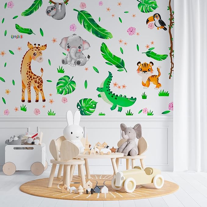 Large Jungle Animal Wall Decals for Kids by Lipastick - 143 pcs Animal Wall Stickers for Kids Baby Girl Boy Room - Creative Nursery Vinyl Wall Decal - Elephant Giraffe Crocodile Parrot Koala L Size