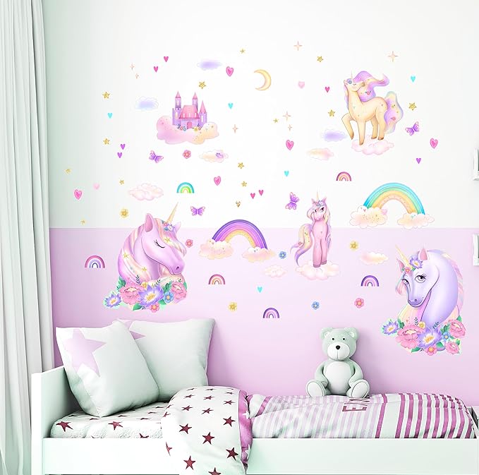 Unicorn Wall Decals Pack of 5 Sheets Stickers by Lipastick - Rainbow Wall Stickers – Princess Castle with Hearts Clouds Stars Wall Decals Decor for Girls Kids Bedroom Birthday Party Size S