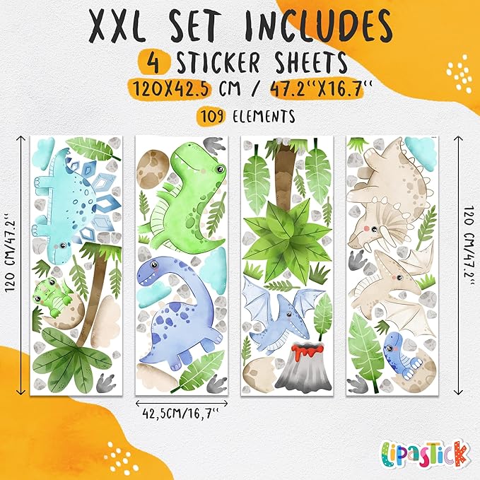 Large Dinosaur Wall Decals by Lipastick - 109 pcs Watercolour Dinosaur Kids Wall Stickers - Dinosaur Footprints Silhouettes Decals for Walls – Peel and Stick Decal for Kids Bedroom Nursery XXL Size