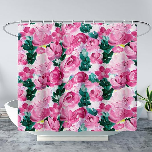 AILONEN Rose Shower Curtain,Large Group of Roses Waterproof Fabric Shower Curtain Set for Girls Kids Teens, 72" W*96" H Oil Painting Rose Theme Bathroom Decor