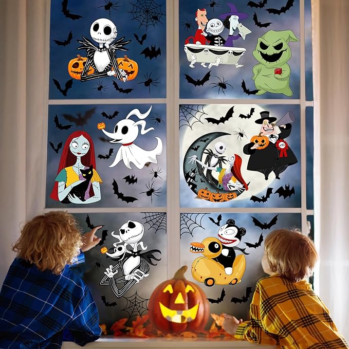 Halloween Window Clings 9 Styles, Nightmare Christmas Window Decorations Removable Stickers, Bats Spider Cartoon Window Decals 8 Sheets for Spooky Halloween Party Home Decor