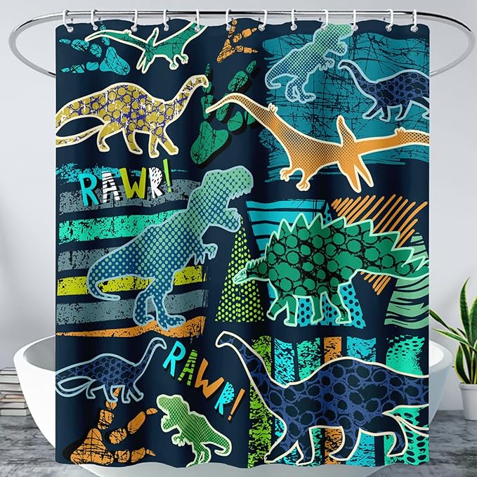 AILONEN Boys Dinosaur Shower Curtain 36" W*72" H for Bathroom,Cartoon Dinosaur Bathroom Shower for Kids Boys,Retro Blue Dinosaur Print Bath Curtain Polyester Waterproof Bathroom Curtain with Hooks