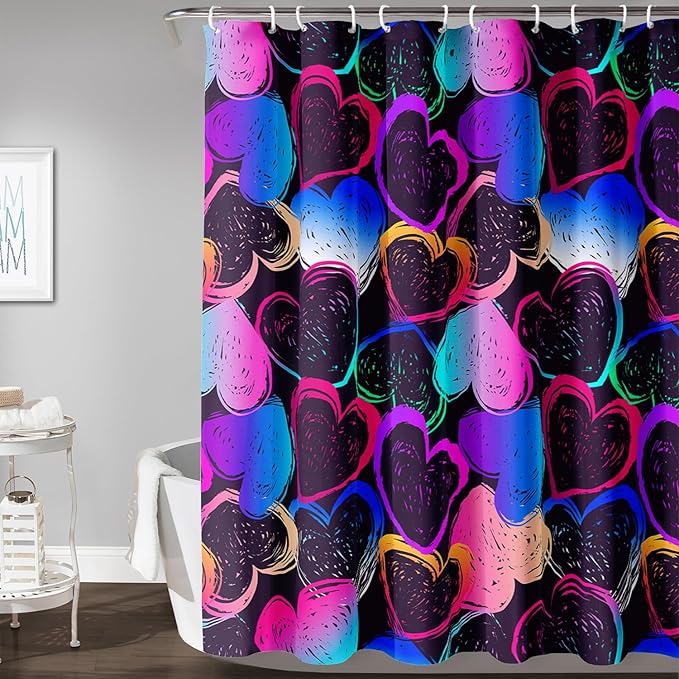 AILONEN Hearts Shower Curtain for Bathroom, Colorful Hearts Love Theme Bath Curtain for Kids Girls Women,Abstract Hearts Print Black Shower Curtain Waterproof with 12 Plastic Hooks, 36" W*72" H