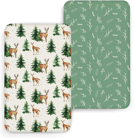 ACRABROS Crib Sheets for Girl Boy: Stretchy Baby Fitted Crib Mattress Sheets Sets 2 Pack Standard Size Ultra Soft Neutral, Blossom Deer&Green Leaf