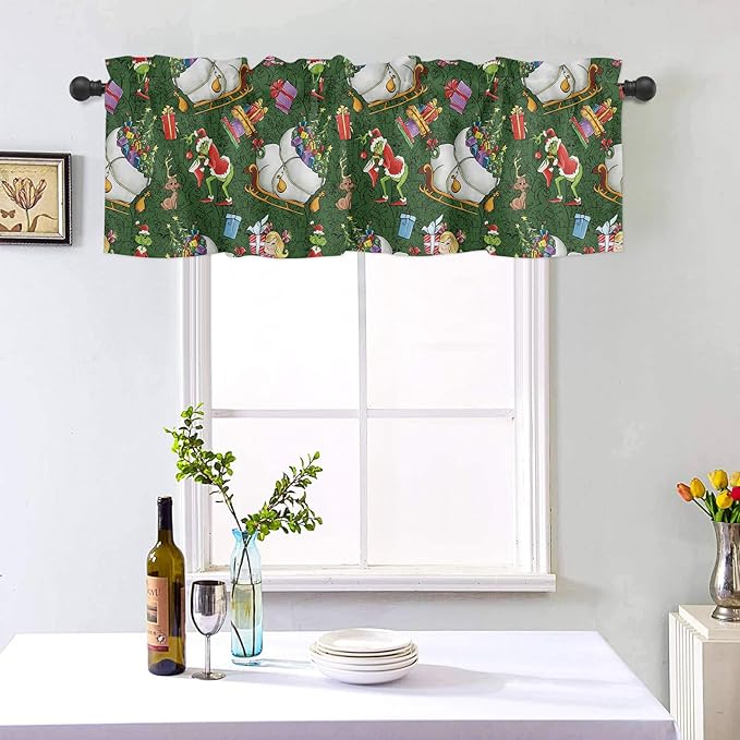 Merry Grin-chmas Christmas Window Valance for Kitchen Living Room, Retro Style Window Curtain for Bedroom, Christmas Grin-ch Window Valance Rod Pocket Window Treatment, Christmas Decors, 54" W x 18" L