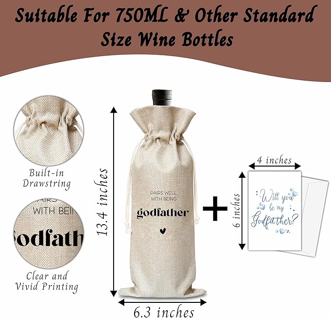 Xanev Godfather Wine Gift Bag For Men, Godfather Proposal Gifts, Pairs Well With Becoming Godfather Wine Bag, Baptism Gifts For Godfather From Godchild, Birthday Wine Party Favors Decor, B02