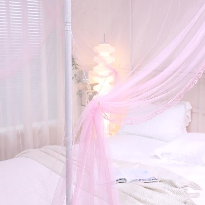 Bed Canopy, Princess Bed Curtain Net for Girls & Adults，Three-Doors Rectangle Lace Dome Netting (Baby Pink, Queen)