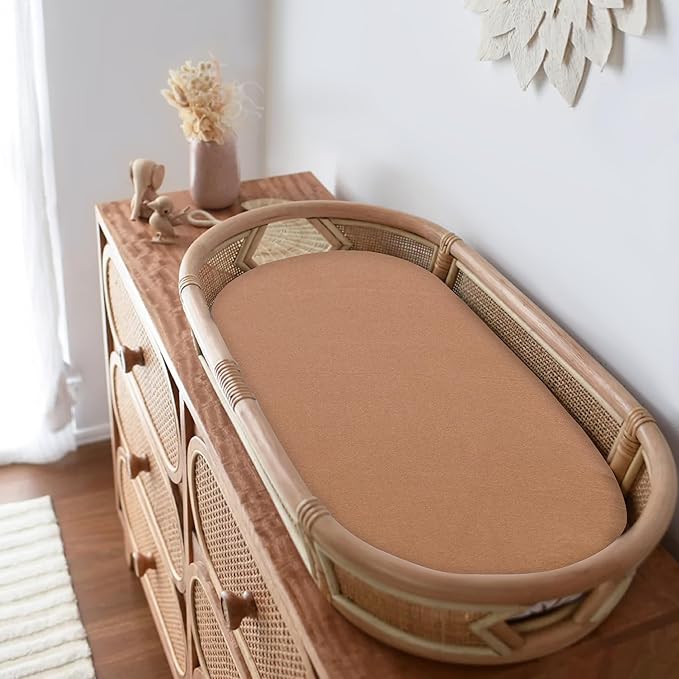 Bassinet Sheet, 100% Cotton Knitted Jersey, Fit Bassinet Crib Mattresses, Fitted Crib Sheets, Super Soft, Toddler Fitted Sheet, Unisex,2 Pack,Brown/Flowers, 17x32x4