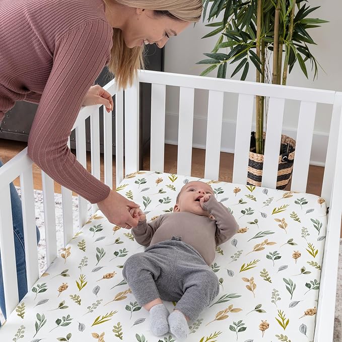 ACRABROS Crib Sheets for Girl Boy: Stretchy Baby Fitted Crib Mattress Sheets Sets 2 Pack Standard Size Ultra Soft Neutral, Rose&Leaf