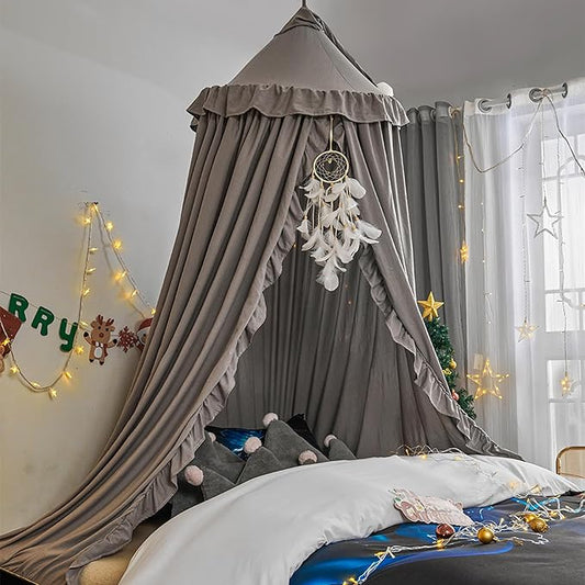 VETHIN Bed Canopy for Girls Kids,Princess Round Dome Children Dreamy Mosquito Net Bedding Girls Room Castle Play Tent Hanging House Decor Reading Nook Canopies (Grey)