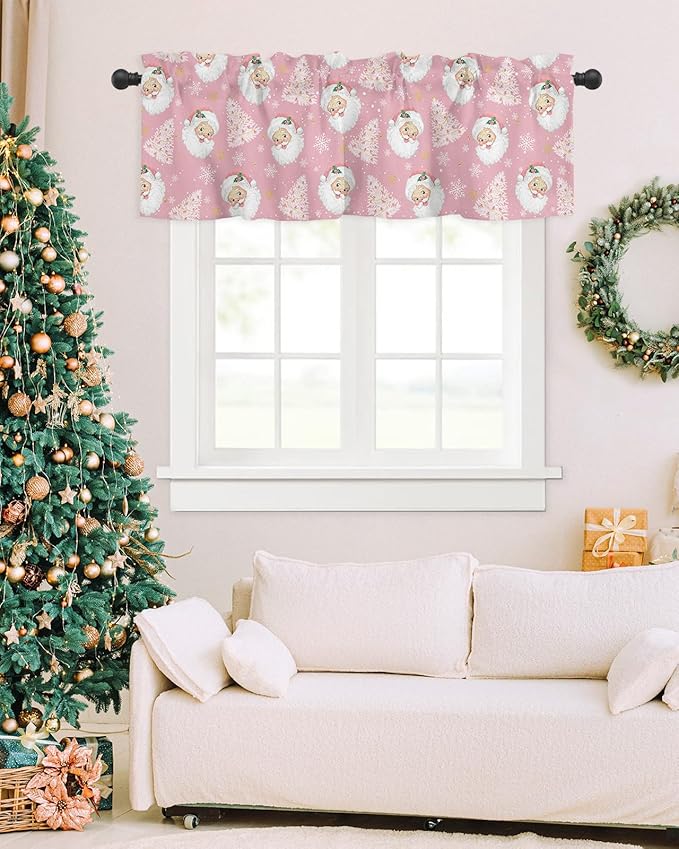 Pink Christmas Valance Curtains for Kitchen Windows Santa Claus Merry Christmas Tree Rod Pocket Window Treatment Toppers for Kitchen/Living Room/Bedroom/Bathroom, 42" X 12", Winter Snowflake