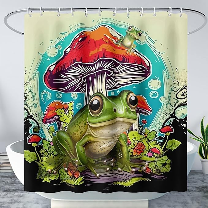 AILONEN Frog Mushroom Shower Curtain,Green Frog Waterproof Fabric Bath Curtain for Kids Girls Boys,Cartoon Animal Wildlife Red Mushroom Shower Curtain Set for Bathroom with Hooks,72" W*72" H