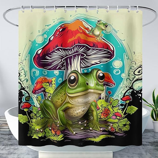 AILONEN Frog Mushroom Shower Curtain,Green Frog Waterproof Fabric Bath Curtain for Kids Girls Boys,Cartoon Animal Wildlife Red Mushroom Shower Curtain Set for Bathroom with Hooks,36" W*72" H