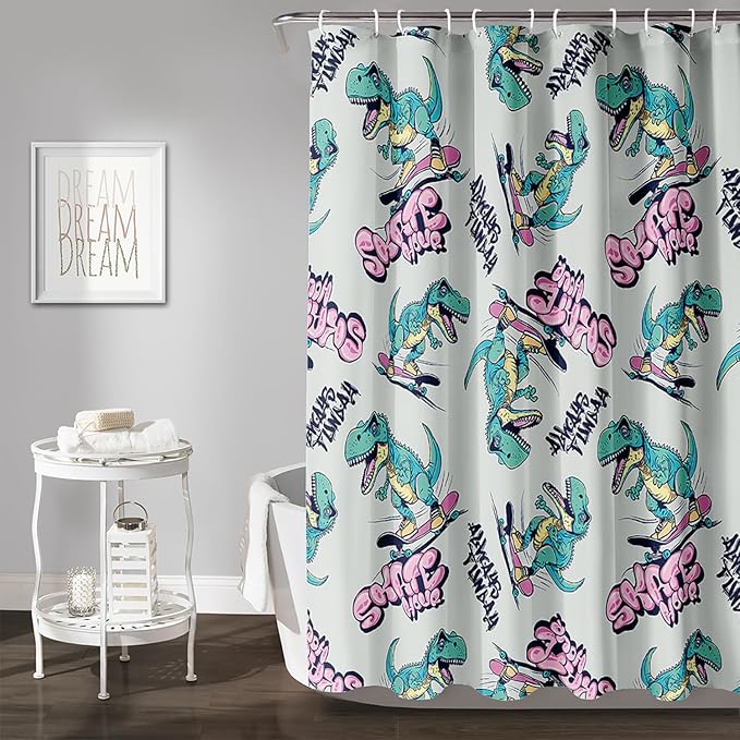 AILONEN Cute Dinosaur Kids Shower Curtain,Sport Cool Dinosaur Bath Curtain Gifts for Boys Teens,Skate Dinosaur Polyester Waterproof for Bathroom with 12 Plastic Hooks 60" W*72" H