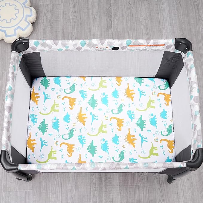 PHF Soft Mini Crib Sheet Set, 2 Pack Silky Comfy Pack N Play Sheets for Boys Girls, Universal Fit for Pack N Play, Playard and Mini Crib Mattresses, Dinosaur