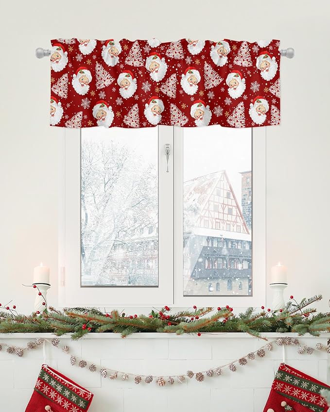 Red Christmas Valance Curtains for Kitchen Windows Santa Claus Merry Christmas Tree Rod Pocket Window Treatment Toppers for Kitchen/Living Room/Bedroom/Bathroom, 54" X 18", Winter Snowflake
