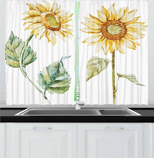 Ambesonne Watercolor Kitchen Curtains, Alluring Sunflowers Summer Inspired Design Agriculture, Window Drapes 2 Panel Set for Kitchen Cafe Decor, 55" x 30", Yellow Green