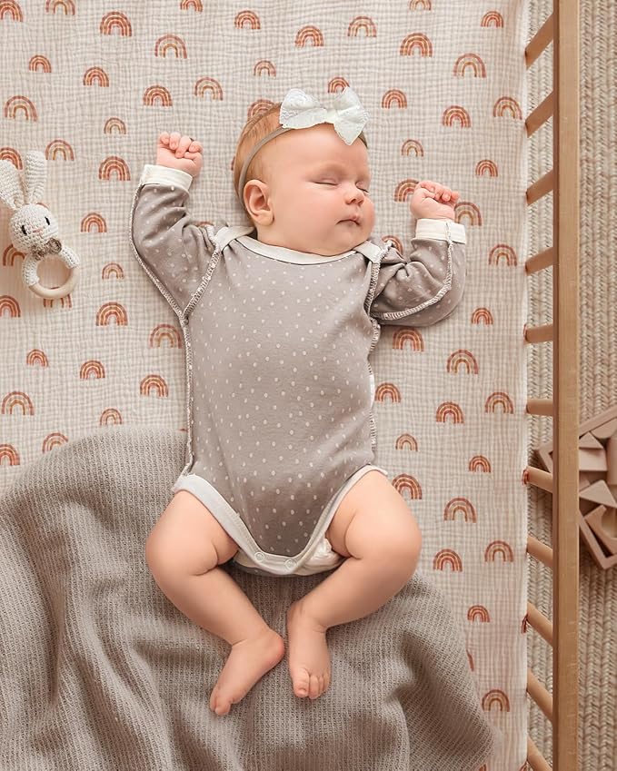 Blissful Diary Muslin Crib Sheets for Girl Boy, Boho Neutral Soft Cotton Baby Sheet for 52''x28'' Standard Crib Mattress, 2 Pack(Dusty Pink&Rainbow)