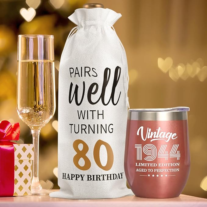 Lifecapido 80th Birthday Gifts for Women, Vintage 1944 Limited Edition Insulated Wine Tumbler with Wine Bag, Birthday Gifts for 80 Year Olds Woman, 80 Year Old Birthday Gifts for Mom Grandma, 12 oz