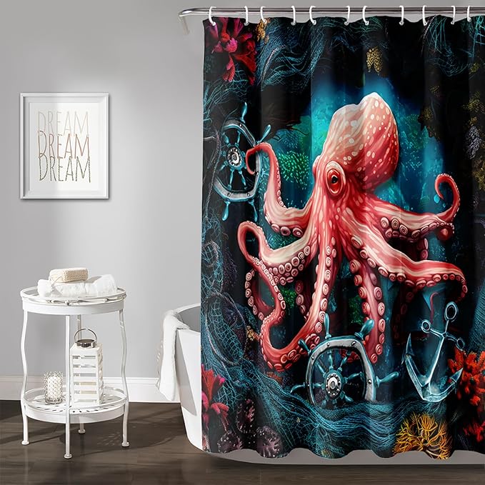 AILONEN Cartoon Red Octopus Shower Curtain for Bathroom,Octopus Tentacles Bath Curtain for Kids,Boys,Girls,Anchor Ocean Animal Theme Waterproof Fabric Shower Curtain Set with Hooks,72" W*84" H