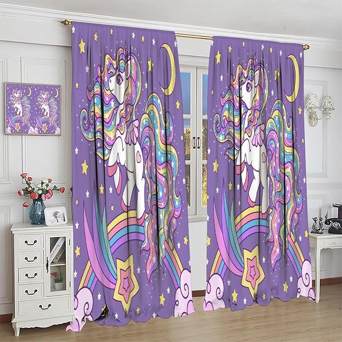 Unicorn Curtains Fantasy Star Moon Cartoon Theme Curtains Cute White Unicorn Rainbow Design Printed Curtains Boys Girls Room Curtains 72x63 Inch 2 Panels