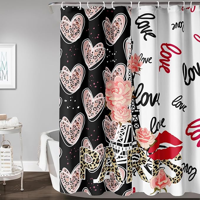 AILONEN Heart Love Shower Curtain for Bathroom, Black and White Eiffel Tower Print Bath Curtain,Pink Hearts Girls Women Shower Curtain Decoration Waterproof with 12 Plastic Hooks, 72" W*96" H